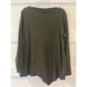 Rafaela Green Sweater with gold buttons on shoulders sharkbite hem asymmetrical